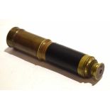 Late 19th century lacquered brass and leather bound three draw telescope, unsigned, of typical