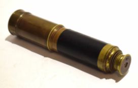 Late 19th century lacquered brass and leather bound three draw telescope, unsigned, of typical