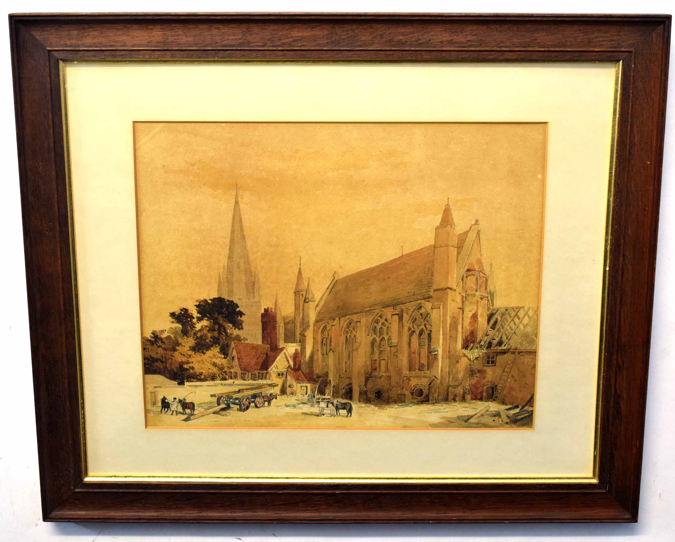 19th century English School watercolour, Figures and horses by a church, 27 x 34cm
