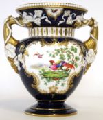 Worcester early 20th century blue ground vase decorated with exotic birds and butterflies verso, the