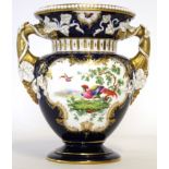 Worcester early 20th century blue ground vase decorated with exotic birds and butterflies verso, the