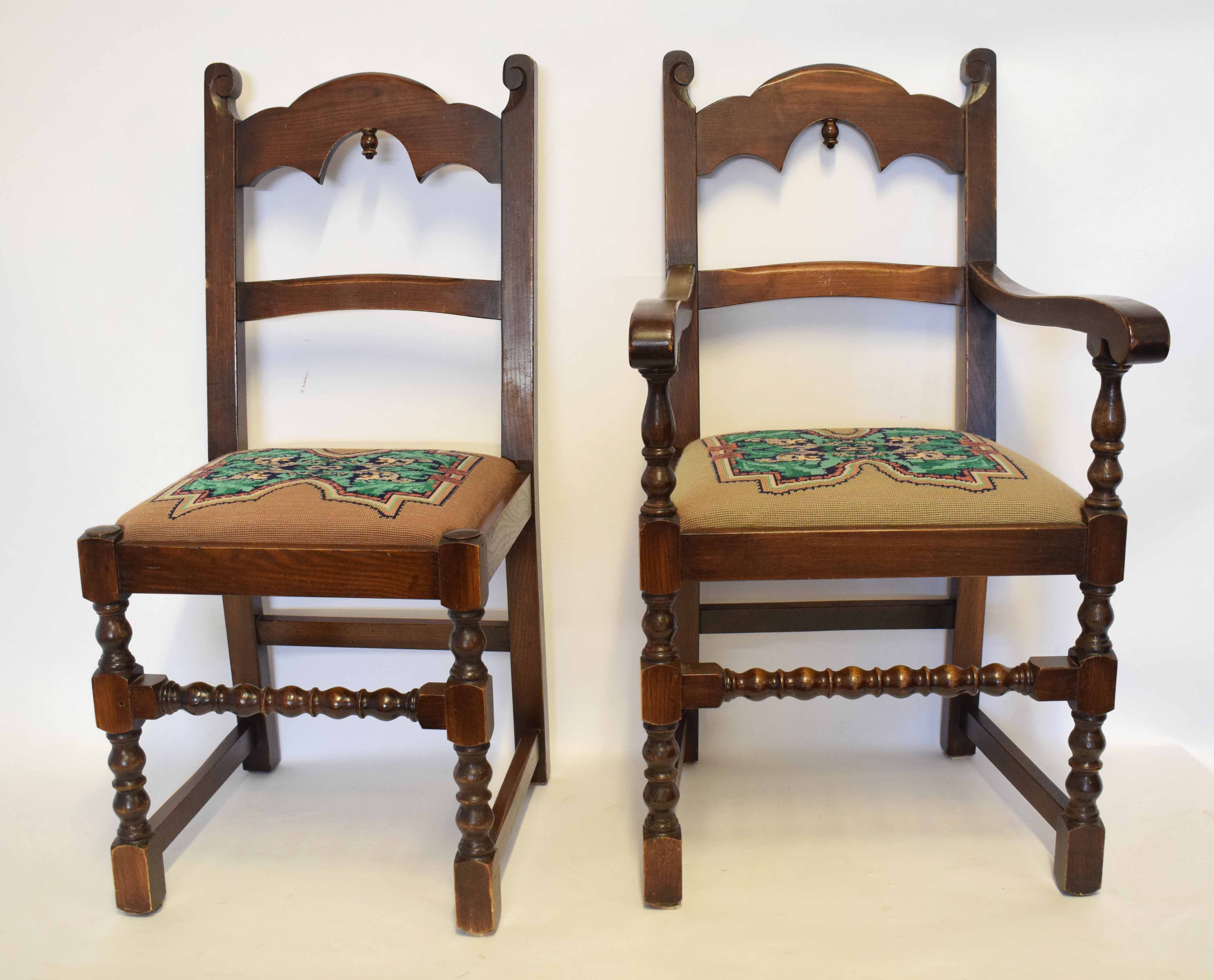 Set of eight mid-20th century oak framed bar back dining chairs with arched top and bobbin turned