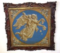 19th century heavily carved framed bead picture of a cherub and a goddess on a blue background, with