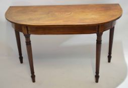 19th century walnut top and satinwood inlaid side table of demi-lune form, raised on four turned