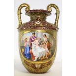 Large Continental Vienna style vase decorated to the front with classical scene with maidens, with