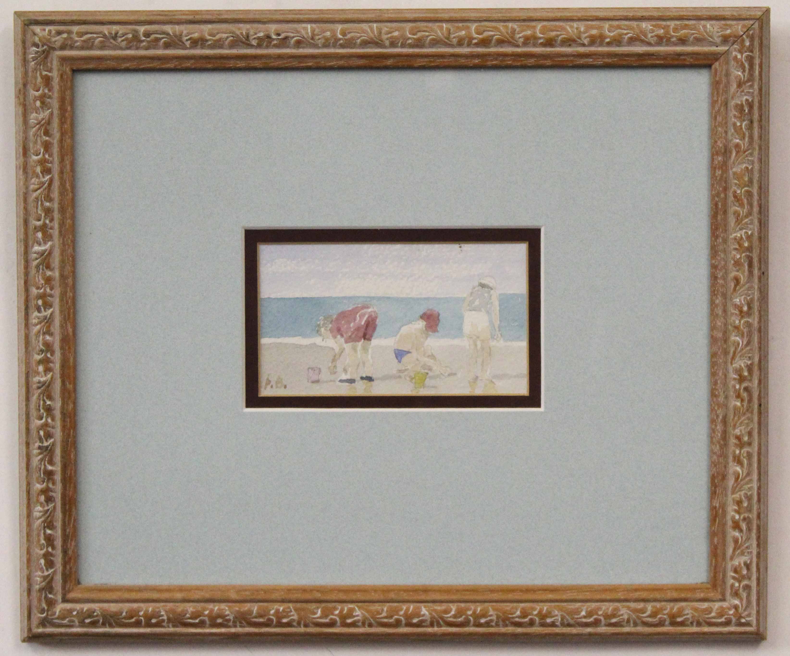 Patrick Boswell, initialled watercolour, Children on a Beach, 7 x 11cm