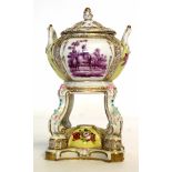 Berlin style Continental porcelain pot-pourri and cover, supported on four scroll feet, the main