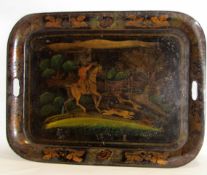 19th century Toleware tray of rectangular form with integral handles, gilt highlighted and painted