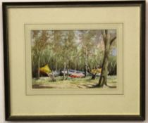 H M Daniels, signed watercolour, "Boats under the Beaches, Ormesby Yacht Club", 17 x 24cm