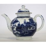 Lowestoft tea pot and cover circa 1780, decorated with a blue and white pagoda style print, 14cm