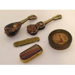 Small packet of assorted items: miniature silk work picture (possibly Queen Victoria) within a