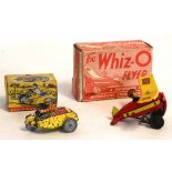 Vintage boxed tin plate "The Whiz-O-Flyer" 10cm long and a boxed clockwork model of clown on