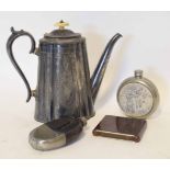 Group comprising a Victorian EPBM coffee pot, glass pewter and leather clad spirit flask, modern