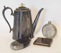 Group comprising a Victorian EPBM coffee pot, glass pewter and leather clad spirit flask, modern