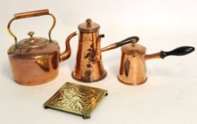 Mixed group of copper and brass wares: Victorian oval copper kettle, Victorian coffee pot with