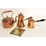 Mixed group of copper and brass wares: Victorian oval copper kettle, Victorian coffee pot with