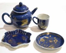 18th century Chinese porcelain tea pot and stand and coffee cup and saucer, the wet blue ground