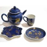18th century Chinese porcelain tea pot and stand and coffee cup and saucer, the wet blue ground