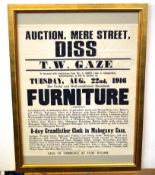 Auction poster for T W Gaze of Diss, August 22nd 1916, together with a Brylcreem advertising