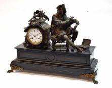 Late 19th century French patinated spelter and black marble mantel clock, the plinth shaped case