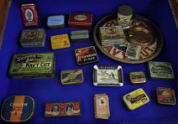 Collection of antique tins etc, including Players Navy Cut and other tobacco firms