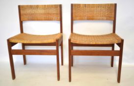 Set of eight retro teak framed Danish labelled dining chairs G P Farnum, with wicker seats and