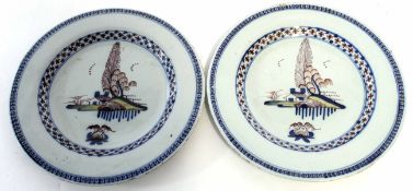 Two 18th century English Bristol Delft plates decorated in typical fashion with polychrome