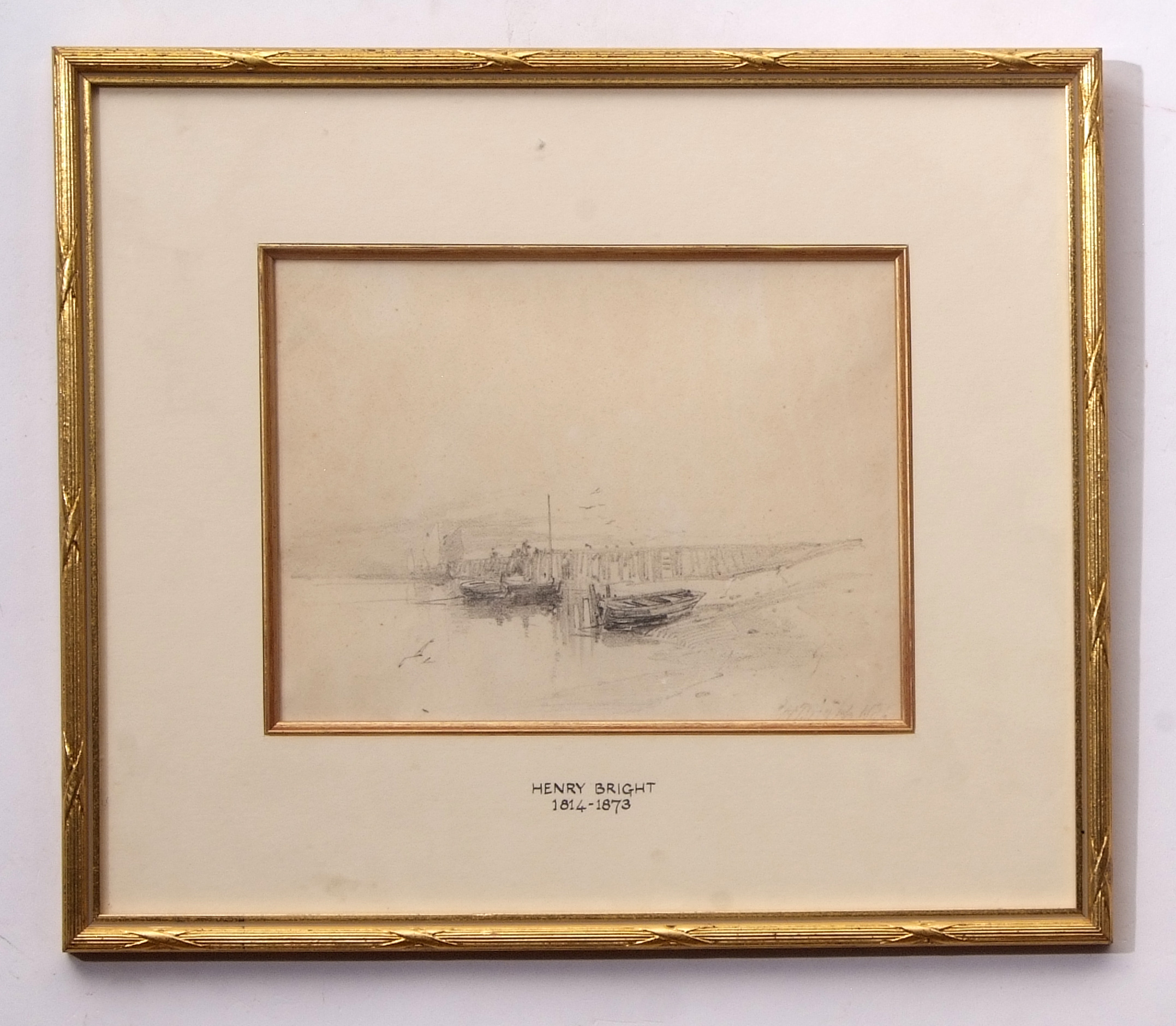 Henry Bright (1814-1873) Jetty scene with fishing boats, pencil drawing, signed and indistinctly