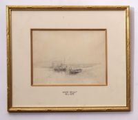 Henry Bright (1814-1873) Jetty scene with fishing boats, pencil drawing, signed and indistinctly