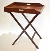 20th century mahogany framed butler's tray and folding stand, tray with two hand cut holes, 70cm