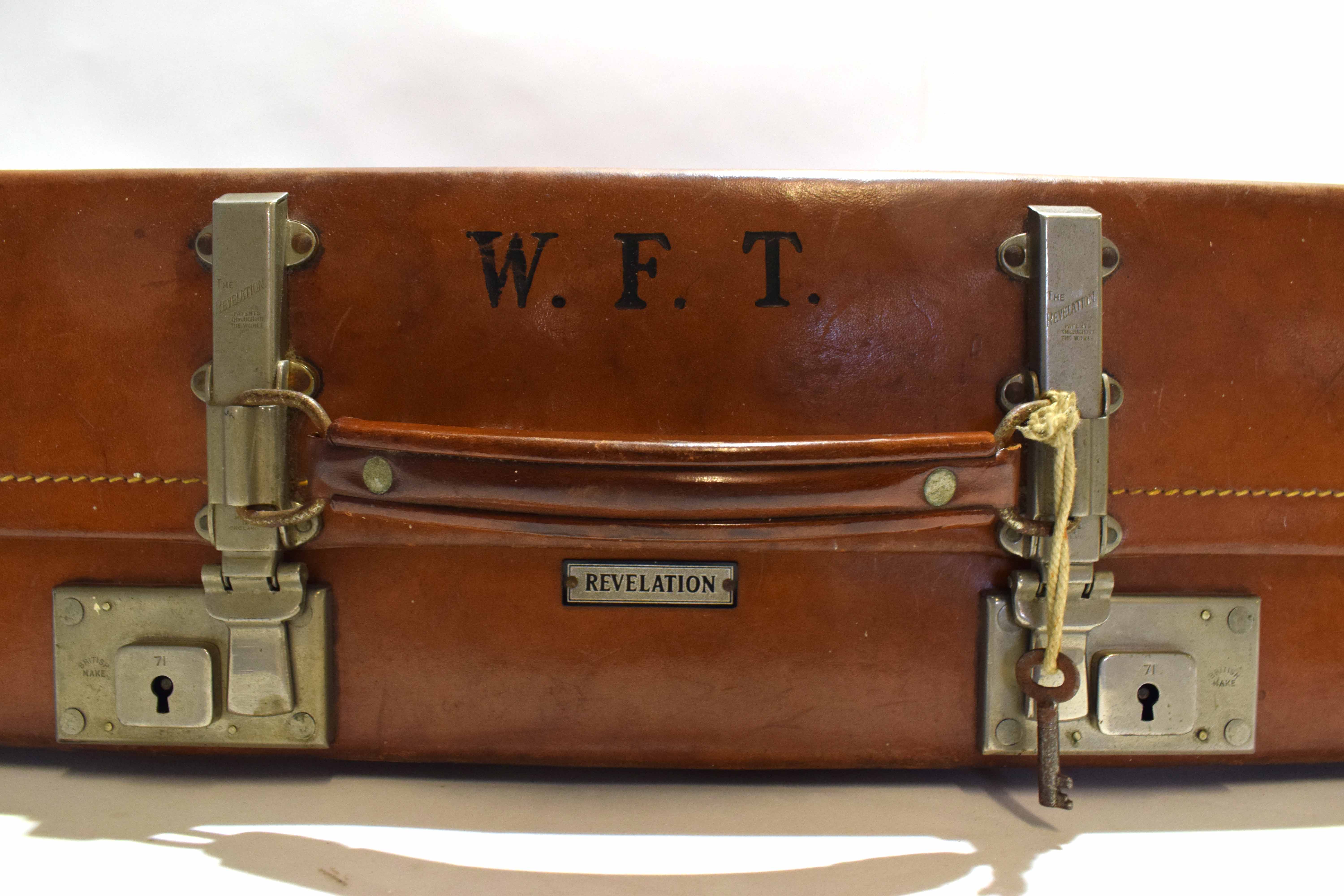 Vintage Revelation leather suitcase with nickel finished fitting, initial to front W F T - Image 2 of 2