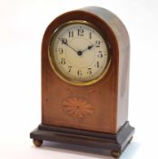 Mid-20th century mahogany and boxwood lined inlaid mantel timepiece, the arched case with