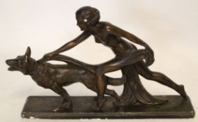 Art Deco composition model of a nude lady with an Alsatian, 50cm wide x 32cm tall