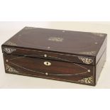 Victorian campaign style writing box with mother of pearl inlay, fitted interior with writing slope,