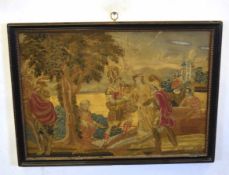 Early 19th century silk work and watercolour, Classical figures before a castle, 43 x 63cm (a/f)