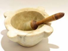 Antique white marble pestle and mortar, the pestle with turned wooden handle