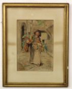 A Fiechter, signed and dated 1883, watercolour, Continental street vendor, 36 x 25cm