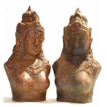 Two Asian pottery busts of women, possibly Hindu deities, 44cm high