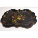 Large 19th century papier mache tray, of shaped rectangular form, the centre painted with the