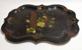 Large 19th century papier mache tray, of shaped rectangular form, the centre painted with the