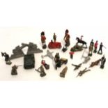 Box of assorted die-cast toys including Police motorbike with sidecar, airplaines, soldiers,