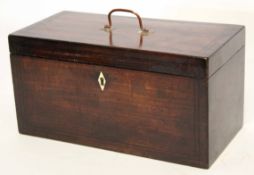Mid to late 19th century mahogany tea caddy with copper carrying handle and fitted interior, 31cm
