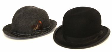 British Made grey wool felt pork-pie hat together with an AT&S black bowler hat (2)