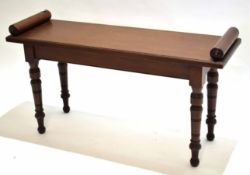 Edwardian mahogany window seat with turnings to end supported on four ring turned legs, 92cm wide