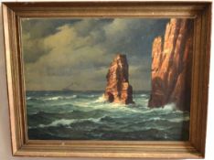 Paul Wolde, oil on canvas, signed and inscribed "Hamburg" lower left, Ship off a rocky coast 59 x