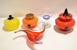 Group of Art Glass wares including a yellow coloured glass bowl and cover, a red coloured bowl