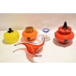 Group of Art Glass wares including a yellow coloured glass bowl and cover, a red coloured bowl