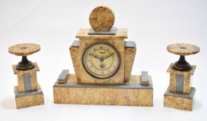 Early 20th century Art Deco period mantel timepiece garniture, stylised and geometric shaped case