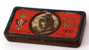 Late Victorian Boer War chocolate tin of hinged rectangular form embossed to the centre with a