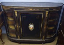 Victorian ebonised credenza with two glazed side cabinets, the central panel with a Sevres style